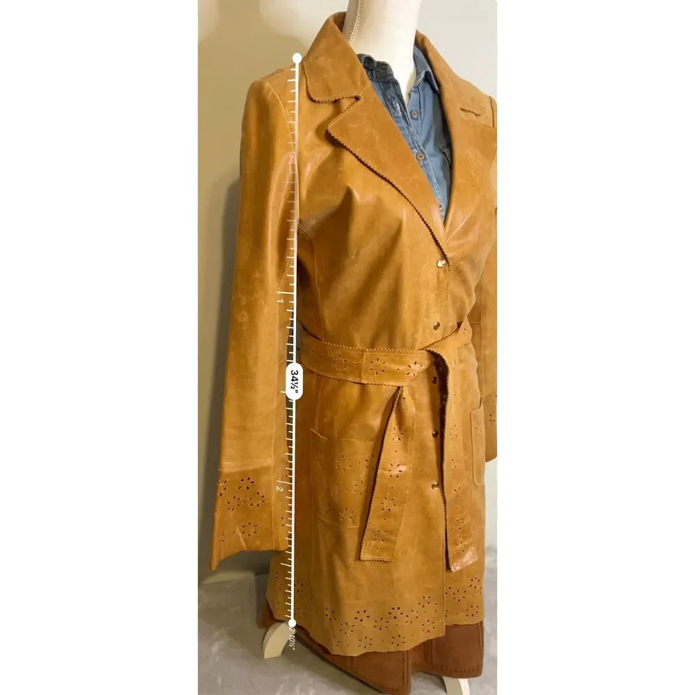 Wilsons Leather Duster Caramel Tan Trench Eyelet 70s Pearl Snaps Coat - Picture 6 of 12